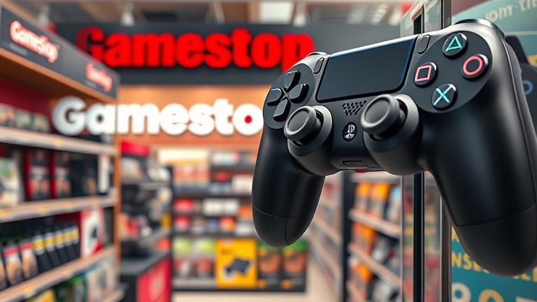 alt_text: Gamestop interior with PS4 controller and accessories, bright lighting, shop signage.