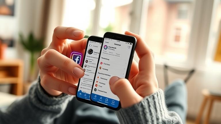 alt_text: Person disconnecting Facebook from Instagram on phone in a bright, cozy workspace.