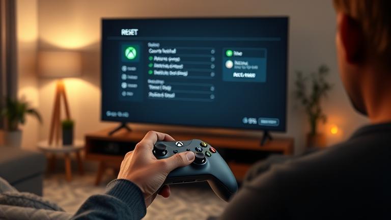 alt_text: Person resetting their modern Xbox in a cozy living room, navigating the menu on TV.