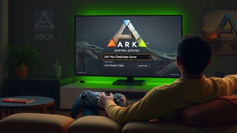 alt_text: Gamer on Xbox joins ARK server, with controller, server list, and ARK-themed background.