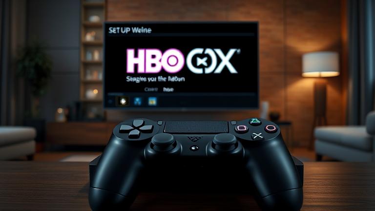 alt_text: PS4 with HBO Max setup on TV, controller in cozy living room, showing easy setup.