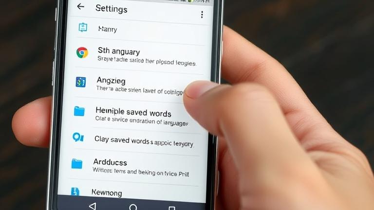 alt_text: Close-up of hands navigating Android settings to clear saved words on a smartphone screen.