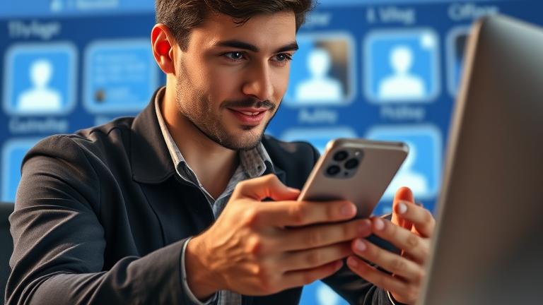 alt_text: Person managing a Facebook account with icons, hinting at account removal and digital guidance.