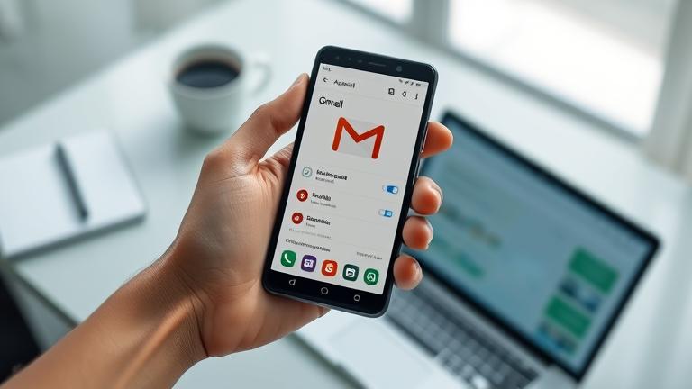alt_text: Person holding MI phone with Gmail app open, showcasing account settings in a modern workspace.