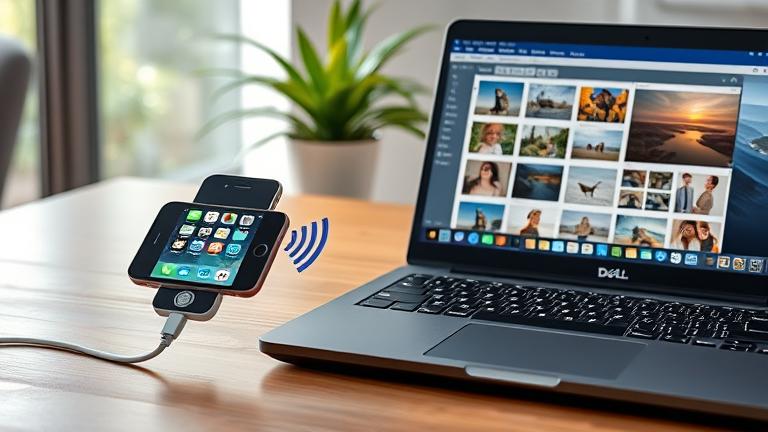 alt_text: iPhone transferring photos to Dell laptop via cable or wireless in a modern workspace.