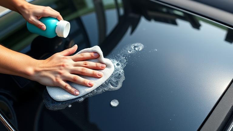alt_text: Person gently cleans a shiny black vinyl car roof with a sponge, showcasing care and maintenance.