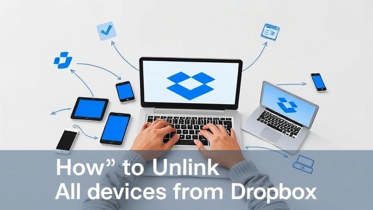 alt_text: Person on laptop with Dropbox logo, surrounded by devices, showing unlinking process.