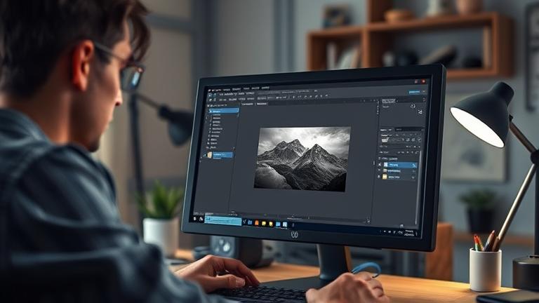 alt_text: Person adjusting photo layers in Photoshop to darken a specific area in a professional workspace.