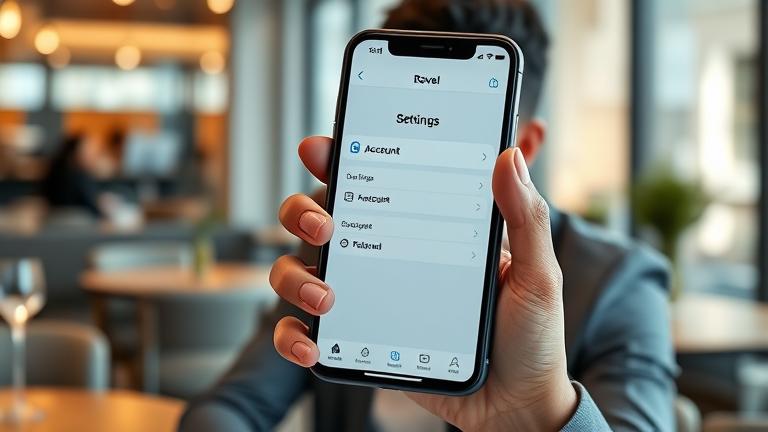 alt_text: Person views Revel app on phone, highlighting 'Delete Account' in a sleek workspace.