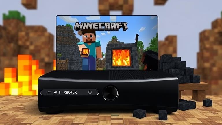 alt_text: Xbox 360 Minecraft cover showing furnace, logs, and charcoal crafting tutorial.