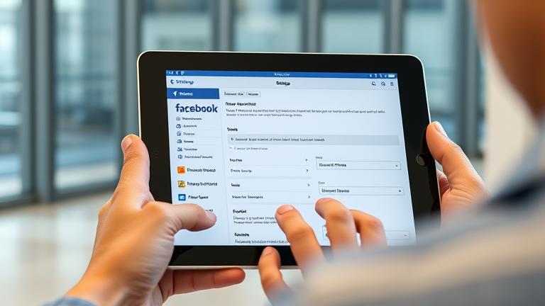 alt_text: Person using iPad with Facebook app open, navigating settings to switch accounts.