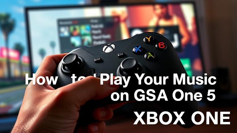 alt_text: Person holding Xbox controller with GTA 5 gameplay and music app on screen.