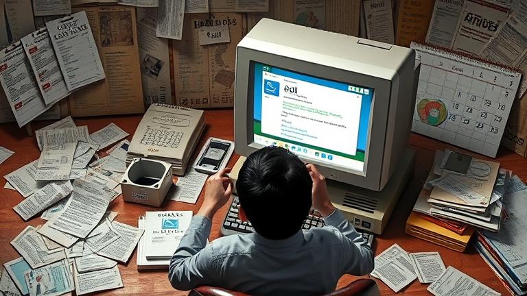 alt_text: Person reviews dusty AOL inbox, with printouts and calendar, exploring email history.