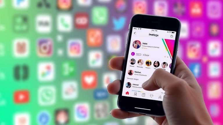 alt_text: Smartphone showing Instagram contact list with social icons and vibrant branding.