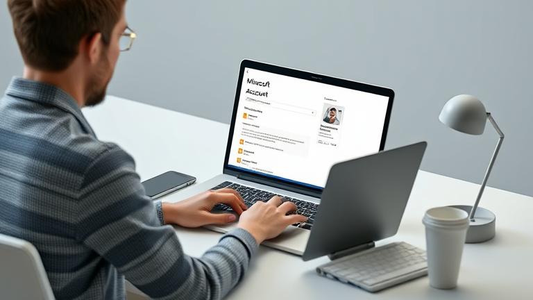 alt_text: Person at desk managing Microsoft account, with coffee and phone in a professional setting.