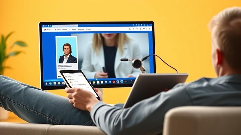alt_text: Person using tablet with Facebook Live, pinning a comment via menu in bright, cheerful setting.