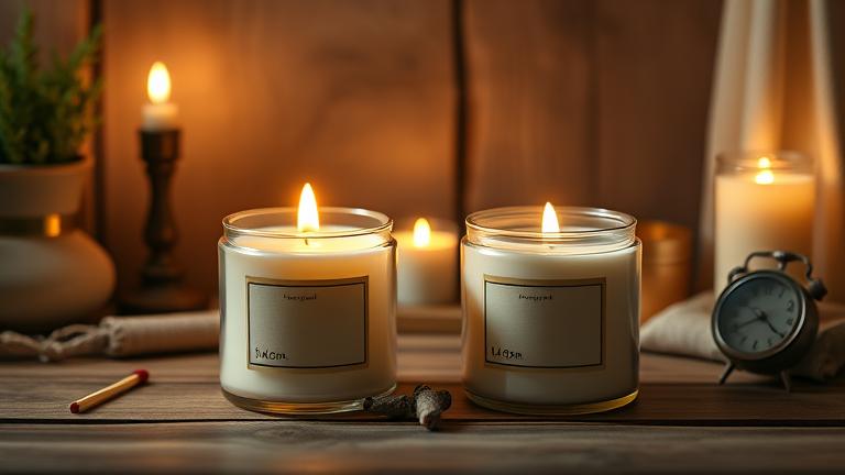 A cozy scene with two candles (lid on/off), matchstick, timer, warm light—shows curing tips.