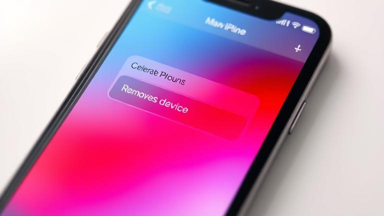 alt_text: iPhone screen showing device deletion, with disconnection icons and modern tech background.