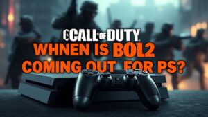 alt_text: PS4 console, controller, blurred warfare scene, with "When is BO2 Coming Out for PS4?" text.