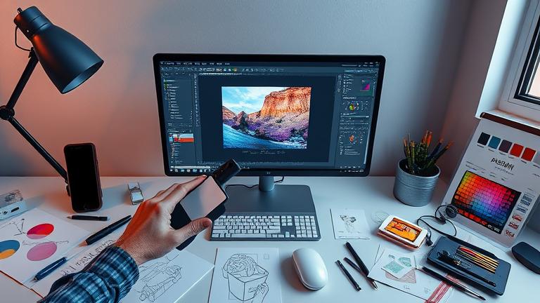 alt_text: Modern workspace with Photoshop open, hands working, sketches, palettes, shining with creativity.