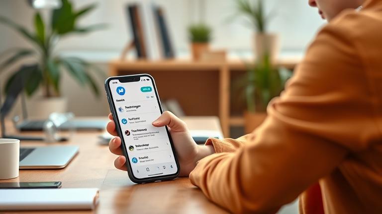 alt_text: Person using phone in modern setting, managing or deactivating Messenger notifications.