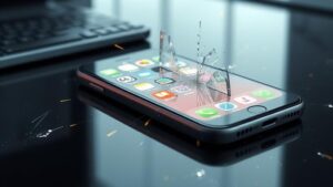 alt_text: Modern scene showing an intact iPhone with digital glitches and hacking visuals, hinting at virtual destruction.