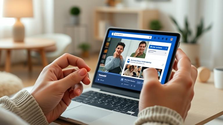 alt_text: Person rewatching a Facebook video on phone with clear controls in a cozy setting.