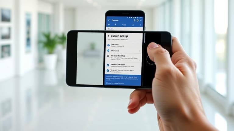 alt_text: Person holding Android phone with Facebook delete options visible, in a modern setting.