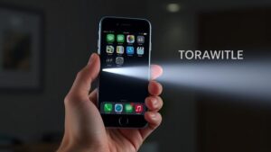 alt_text: Person holds iPhone 7 with flashlight on, highlighting the torch in a dim setting.