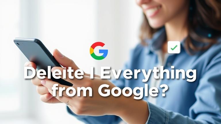 alt_text: Person with device, Google logo, trash icon, showing data deletion; modern tech background.