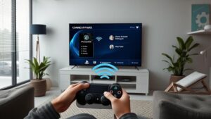 alt_text: Person connects PS4 to TV wirelessly in a modern living room, highlighting easy setup.