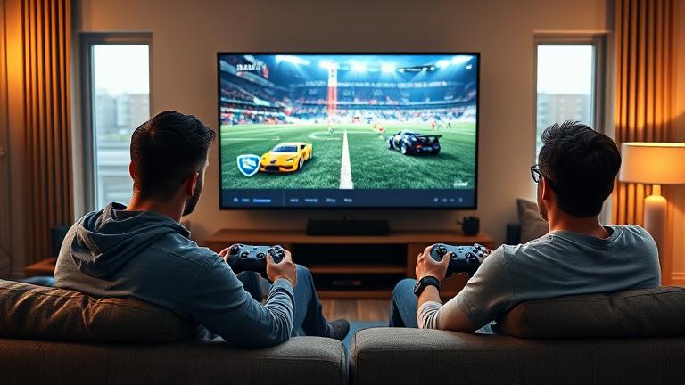 alt_text: Two players on a couch gaming Xbox Rocket League, split-screen with cars and rockets.