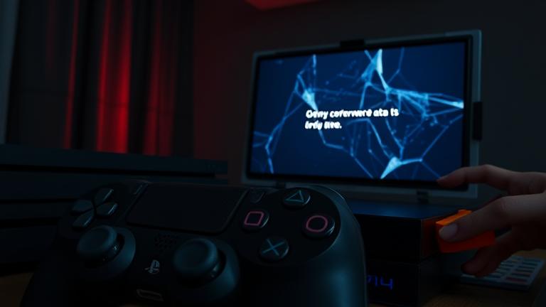 alt_text: Worried gamer with PS4, cracked screen, error message, troubleshooting data corruption.