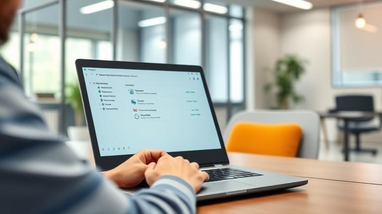 alt_text: Person using Lenovo laptop in modern office, guiding on changing admin account settings.