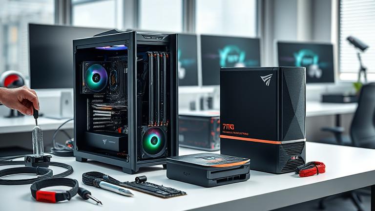 alt_text: Person building a gaming PC with components and tools in a modern, well-lit workspace.