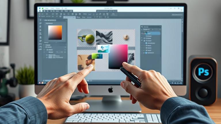 alt_text: Hands use mouse and pen to select and move objects in Photoshop on a modern workspace.