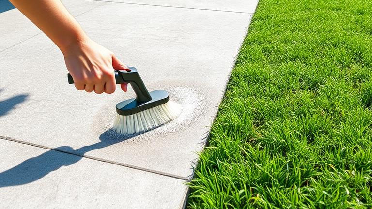 alt_text: Person cleaning concrete patio with eco-friendly tools next to lush grass, bright outdoor scene.