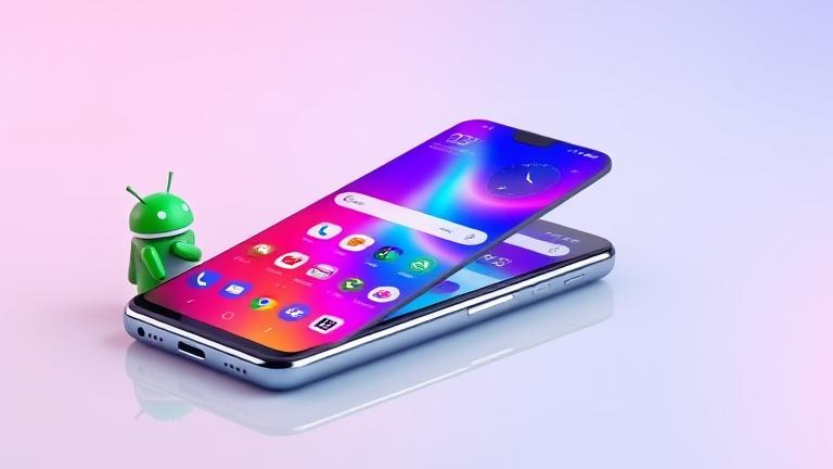 A sleek Android 10 home screen with colorful widgets, bugdroid mascot, and vibrant reflections.