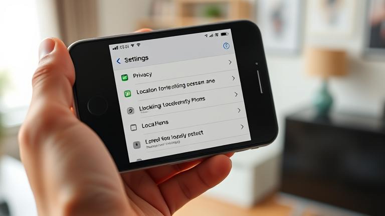 alt_text: iPhone screen showing Privacy settings and Location Services, held in a well-lit home.