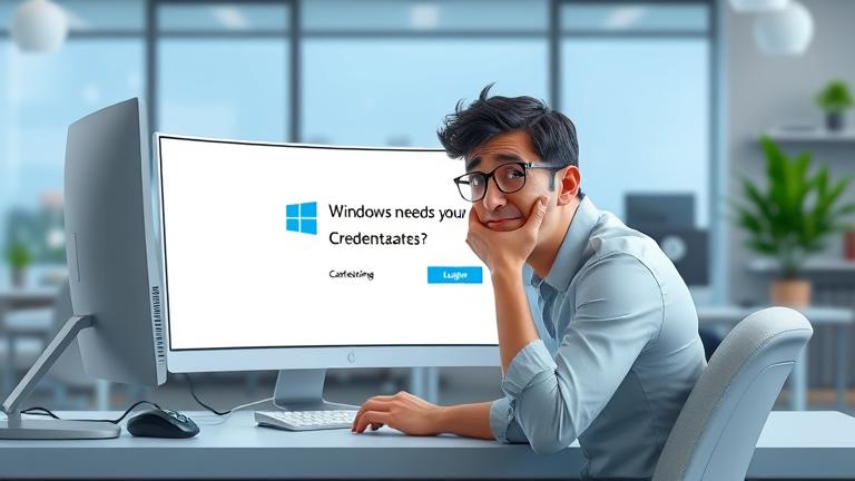 alt_text: Frustrated user at PC with Windows login prompt, puzzled in modern workspace.
