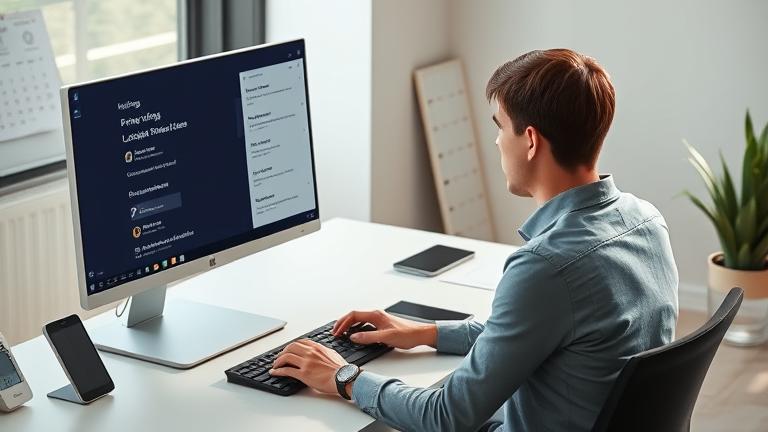 alt_text: Person adjusting Windows 10 privacy settings on a sleek computer in a modern, cozy workspace.