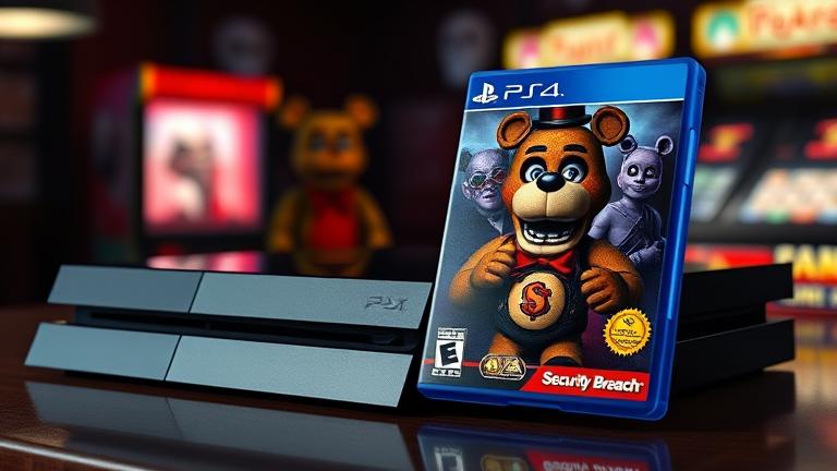 alt_text: PS4 with FNAF Security Breach case, showing animatronics and eerie arcade vibe.