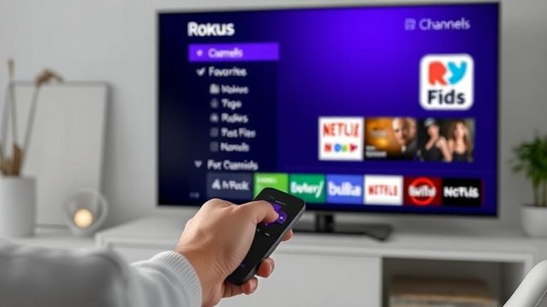 alt_text: Person managing Roku favorites on TV, using remote to delete channels.