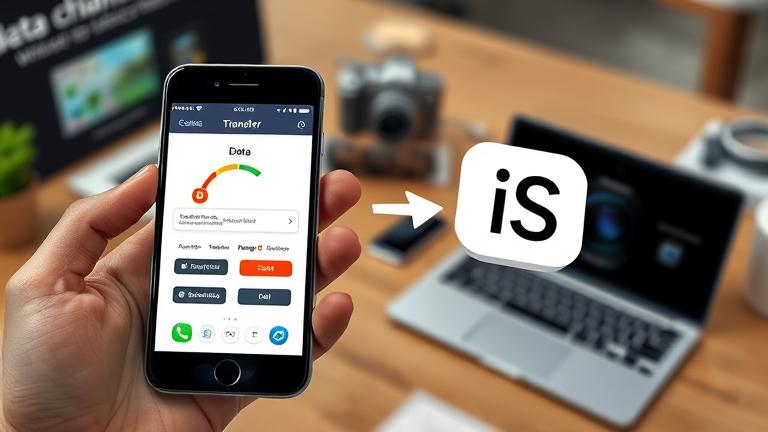 alt_text: Person transfers data from Android to iOS on phone with progress bar and tech background.