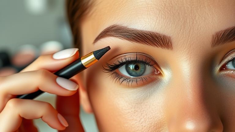 alt_text: Close-up of a person shaping perfect, defined eyebrows with a brush, in soft lighting.