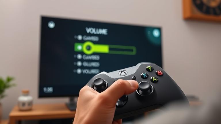 alt_text: Person adjusting Xbox One volume, with controller in hand and menu visible on screen.
