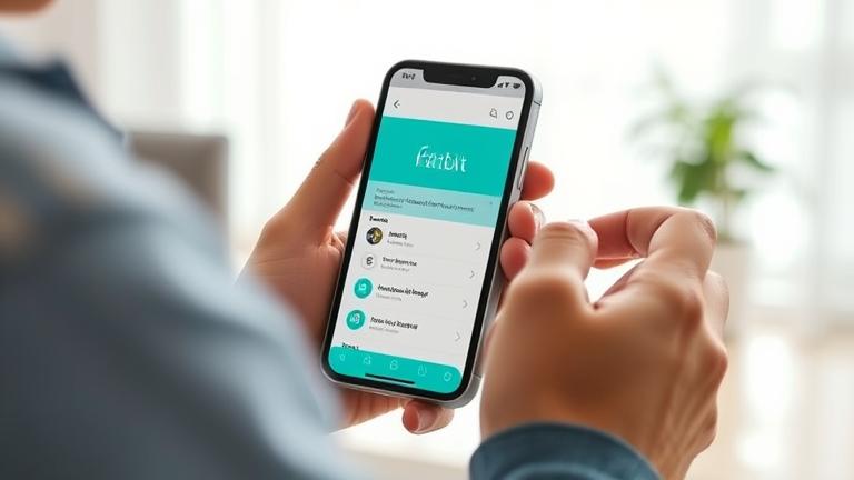 alt_text: Person using Fitbit app on phone to clear data in a modern home or workspace.