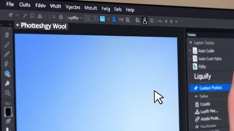 alt_text: Photoshop Elements screen with toolbar, Layers panel, and cursor over Liquify tool icon.