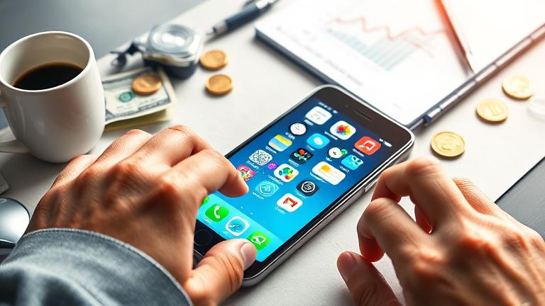 alt_text: iPhone on a desk showing app icons, with cash, a rising chart, and working hands indicating earning.
