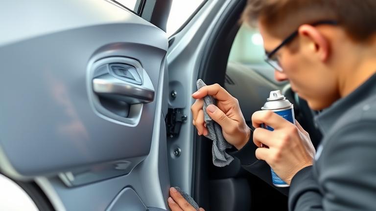 alt_text: Person lubricating car door hinge outdoors, fixing squeak with spray can and cloth.
